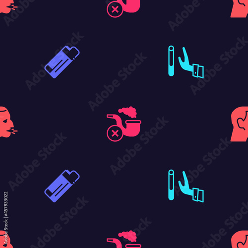 Set Giving up cigarette, Lighter, Smoking pipe with smoke and Man coughing on seamless pattern. Vector