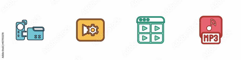 Fototapeta premium Set Cinema camera, Music or video settings, playlist and MP3 file icon. Vector