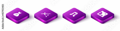 Set Isometric Old money bag, Sword with blood, Medieval helmet and Pirate treasure map icon. Vector