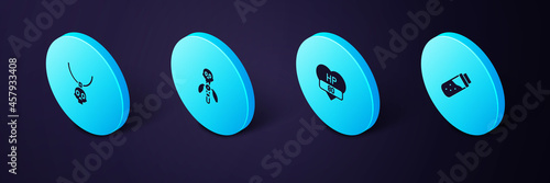 Set Isometric Bottle with potion, Video game bar, Magic staff and Necklace amulet icon. Vector