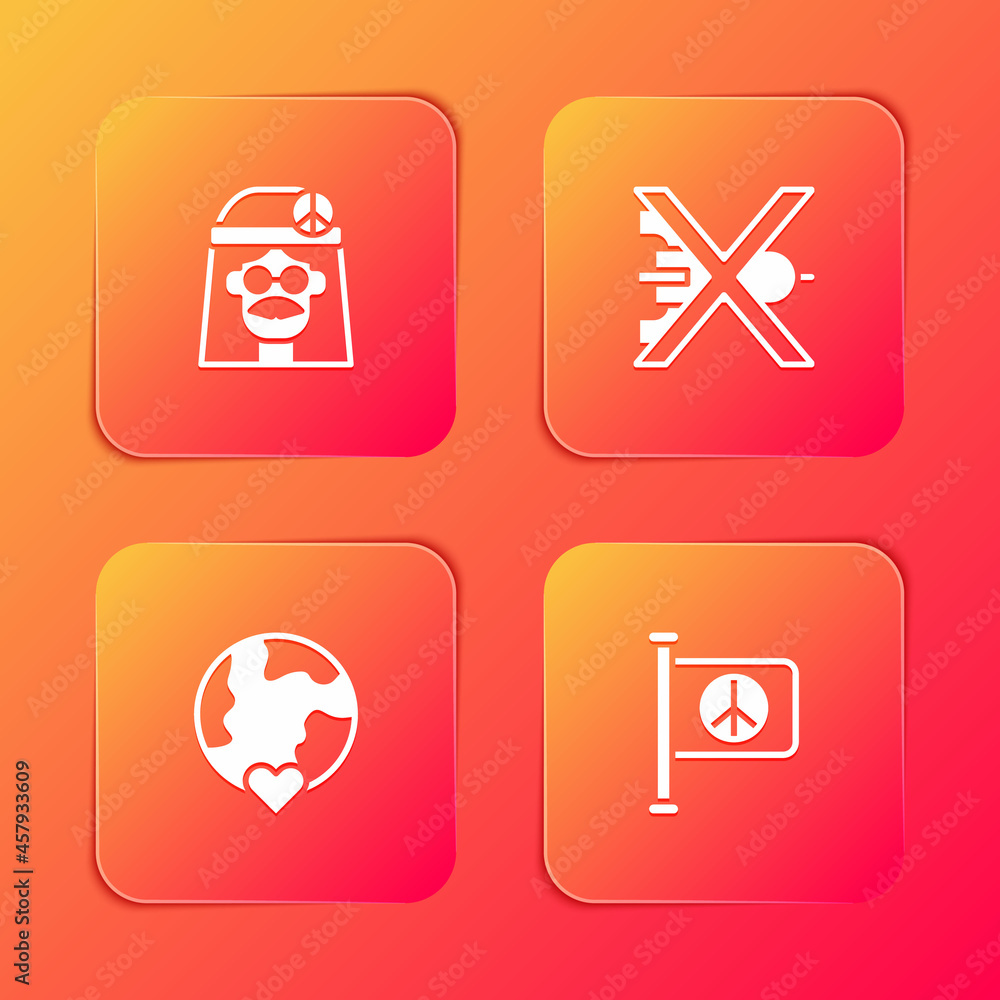 Set Hippie girl, No war, The heart world - love and Flag peace icon. Vector Set Hippie girl, No war, The heart world - love and Flag peace icon. Vector