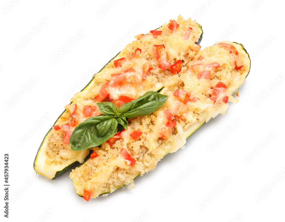 Quinoa stuffed zucchini boats on white background Quinoa stuffed zucchini boats on white background