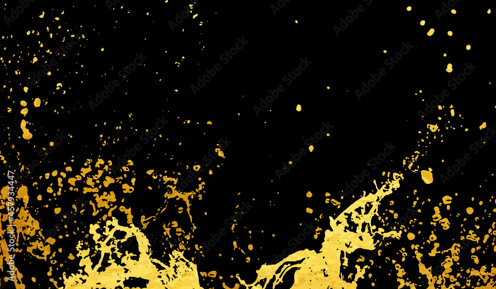 Gold vector splash on the black background. Energy. Juice. Orange color. Hand drawn illustration with gold texture. Template for cover, poster, banner, flyer. Gold vector splash on the black background. Energy. Juice. Orange color. Hand drawn illustration with gold texture. Template for cover, poster, banner, flyer.