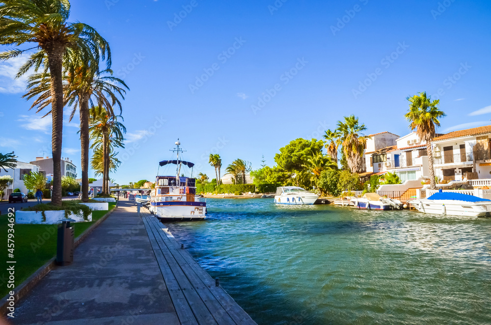 Summer panorama of Empuriabrava with yachts, boats and waterways in Costa Brava, Catalonia, Spain