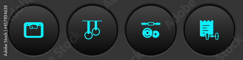 Set Bathroom scales, Gymnastic rings, Barbell and Sport training program icon. Vector