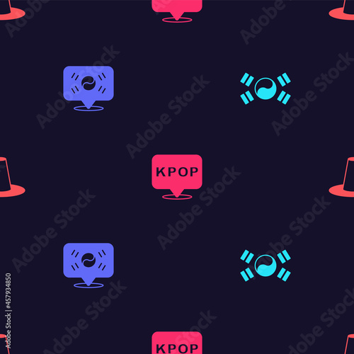 Set South Korea flag, Location, K-pop and Korean hat on seamless pattern. Vector