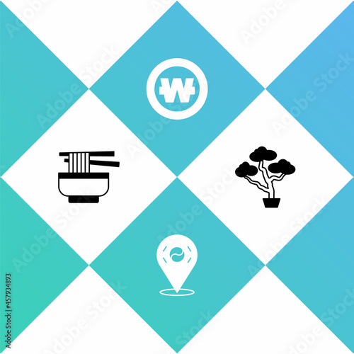 Set Ramen, Location South Korea, Korean won coin and Bonsai tree icon. Vector
