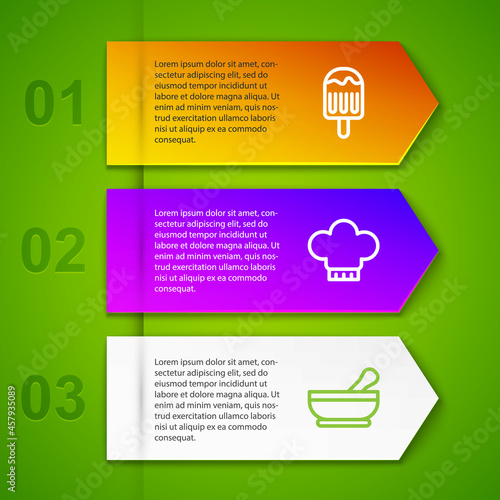 Set line Ice cream, Chef hat and Mortar and pestle. Business infographic template. Vector