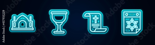 Set line Hindu spiritual temple, Holy grail or chalice, Decree, paper, parchment, scroll and Jewish calendar. Glowing neon icon. Vector