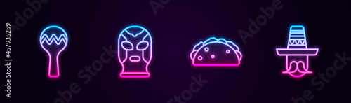 Set line Maracas, Mexican wrestler, Taco with tortilla and man sombrero. Glowing neon icon. Vector