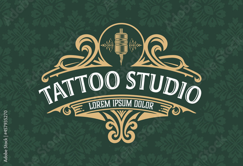 Tattoo logo with vintage ornaments. Layered