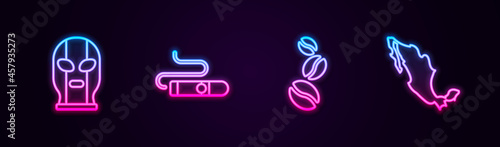 Set line Mexican wrestler, Cigar, Coffee beans and Map mexican. Glowing neon icon. Vector