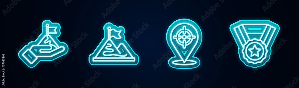 Set line Mountains with flag, , Target and Medal. Glowing neon icon. Vector Set line Mountains with flag, , Target and Medal. Glowing neon icon. Vector