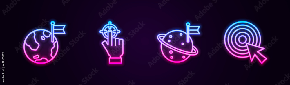 Set line Planet with flag, Target, Moon and arrow. Glowing neon icon. Vector Set line Planet with flag, Target, Moon and arrow. Glowing neon icon. Vector