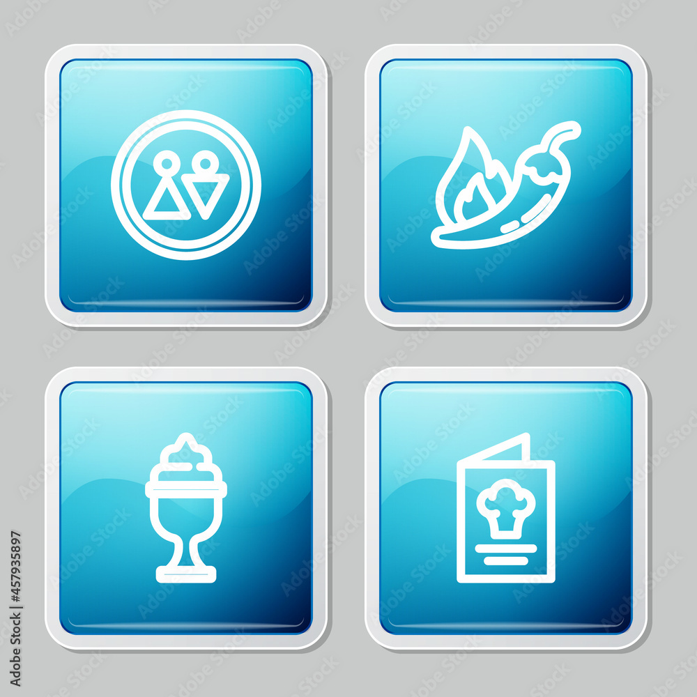 Set line Toilet, Hot chili pepper pod, Ice cream in bowl and Cookbook icon. Vector Set line Toilet, Hot chili pepper pod, Ice cream in bowl and Cookbook icon. Vector