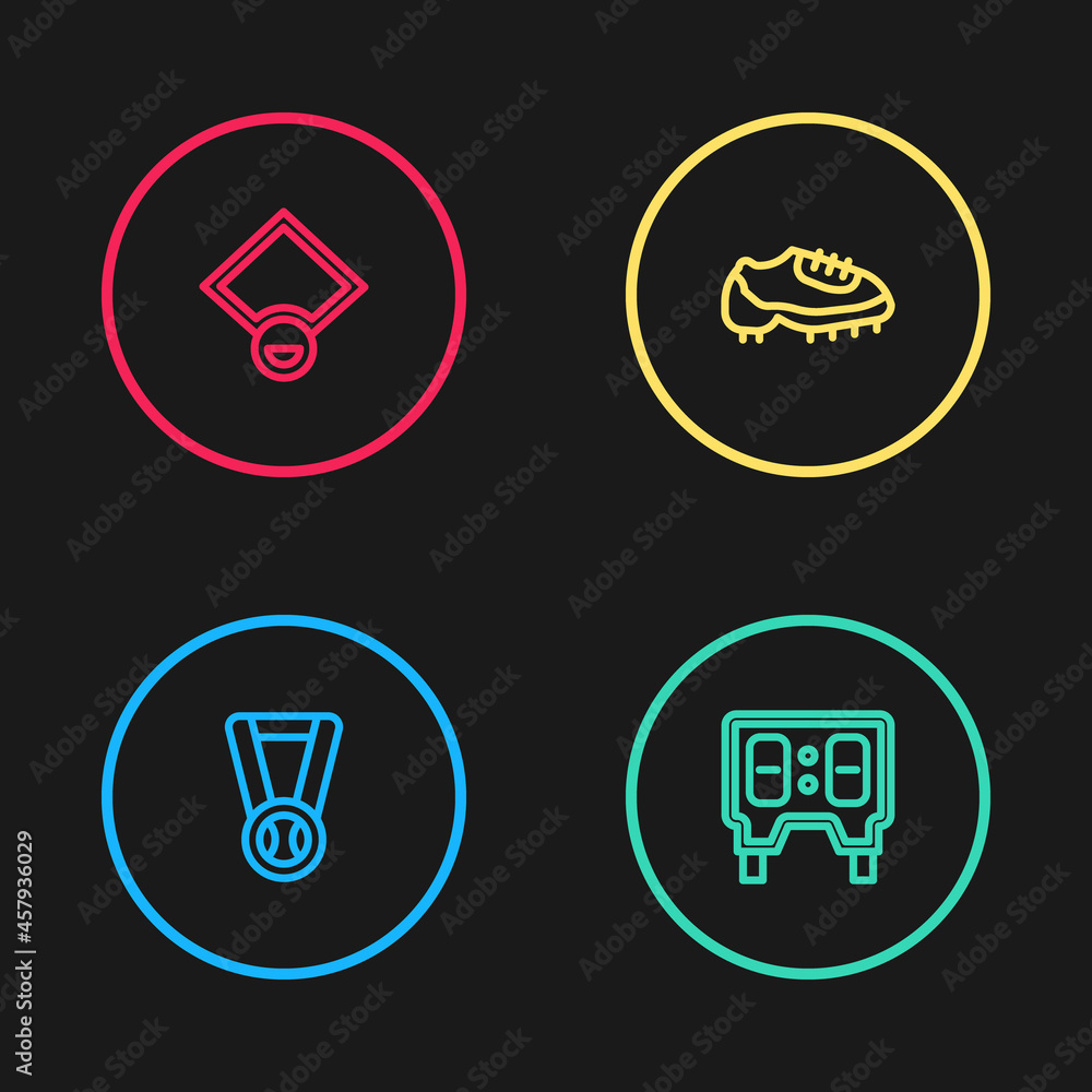Set line Medal with baseball ball, Baseball mechanical scoreboard, boot and field icon. Vector Set line Medal with baseball ball, Baseball mechanical scoreboard, boot and field icon. Vector