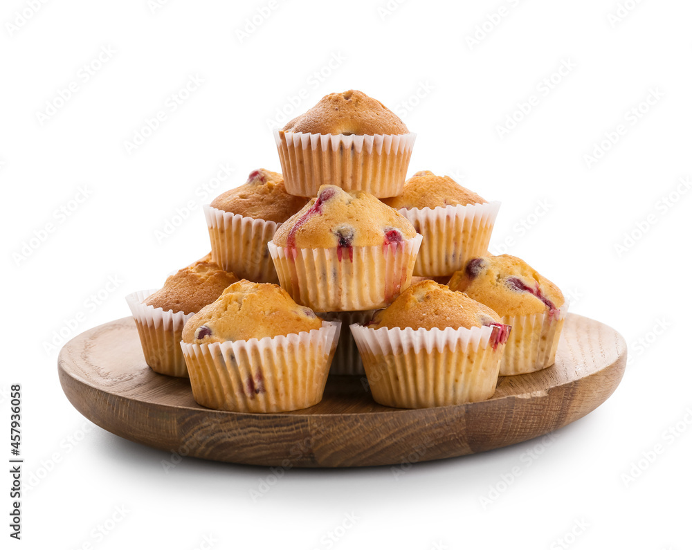 Wooden board with tasty cranberry muffins on white background Wooden board with tasty cranberry muffins on white background