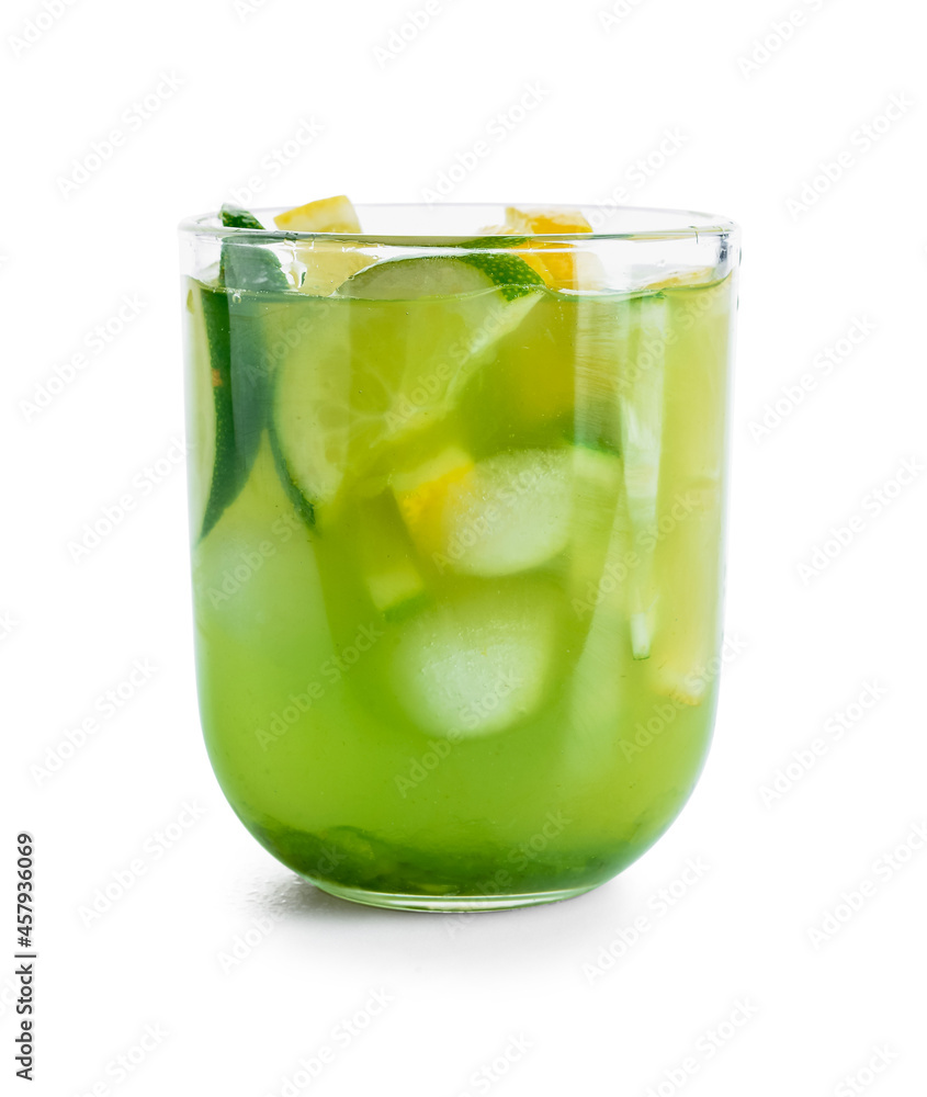 Glass with tasty lemonade on white background Glass with tasty lemonade on white background