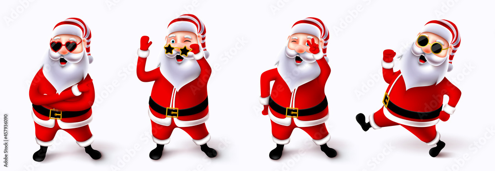 Santa claus christmas character vector set. Cute and jolly santa claus 3d characters in standing, running and waving pose and gestures with sunglasses for xmas collection design. Vector illustration.
Santa claus christmas character vector set. Cute and jolly santa claus 3d characters in standing, running and waving pose and gestures with sunglasses for xmas collection design. Vector illustration.