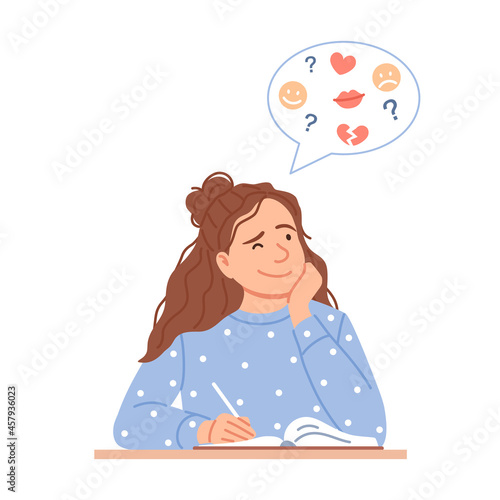 Flat young girl writes journal or creative drawing. Cute thoughtful female teenager making notes into her diary. Woman diary concept design. Thinking cartoon person portrait vector illustration