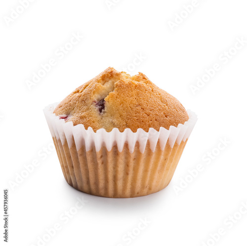 Tasty cranberry muffin on white background