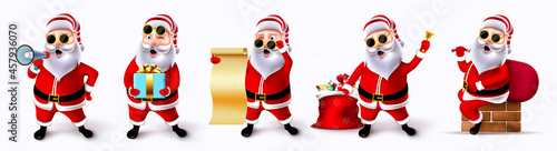 Santa claus christmas character vector set. Cool and jolly santa claus 3d characters with sunglasses in standing, reading and holding pose and gesture for xmas design. Vector illustration.
