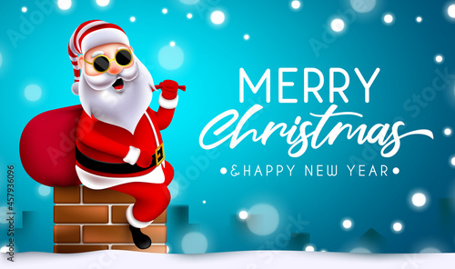 Christmas santa greeting vector design. Merry christmas text with santa claus character sitting in chimney and holding sack bag for xmas night holiday gift giving season. Vector illustration.
