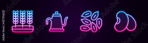 Set line Wheat, Watering can, Seed and Beans. Glowing neon icon. Vector