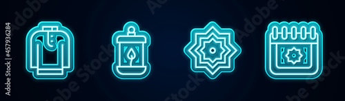 Set line Shirt kurta, Ramadan Kareem lantern, Octagonal star and calendar. Glowing neon icon. Vector