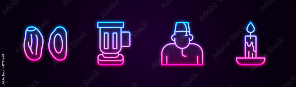 Set line Date fruit, Medieval goblet, Muslim man and Burning candle. Glowing neon icon. Vector Set line Date fruit, Medieval goblet, Muslim man and Burning candle. Glowing neon icon. Vector