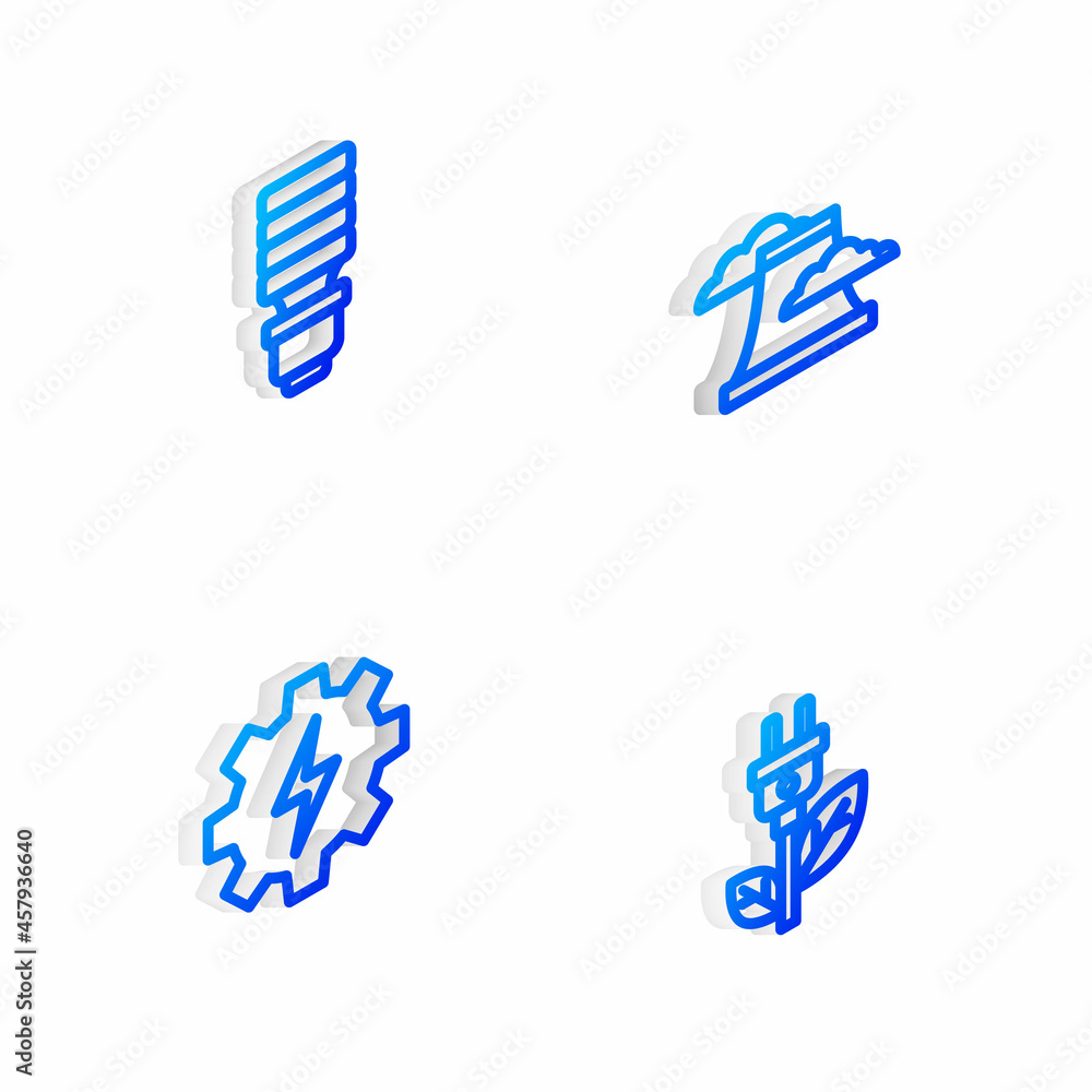 Set Isometric line Nuclear power plant, LED light bulb, Gear and lightning and Electric saving plug leaf icon. Vector Set Isometric line Nuclear power plant, LED light bulb, Gear and lightning and Electric saving plug leaf icon. Vector