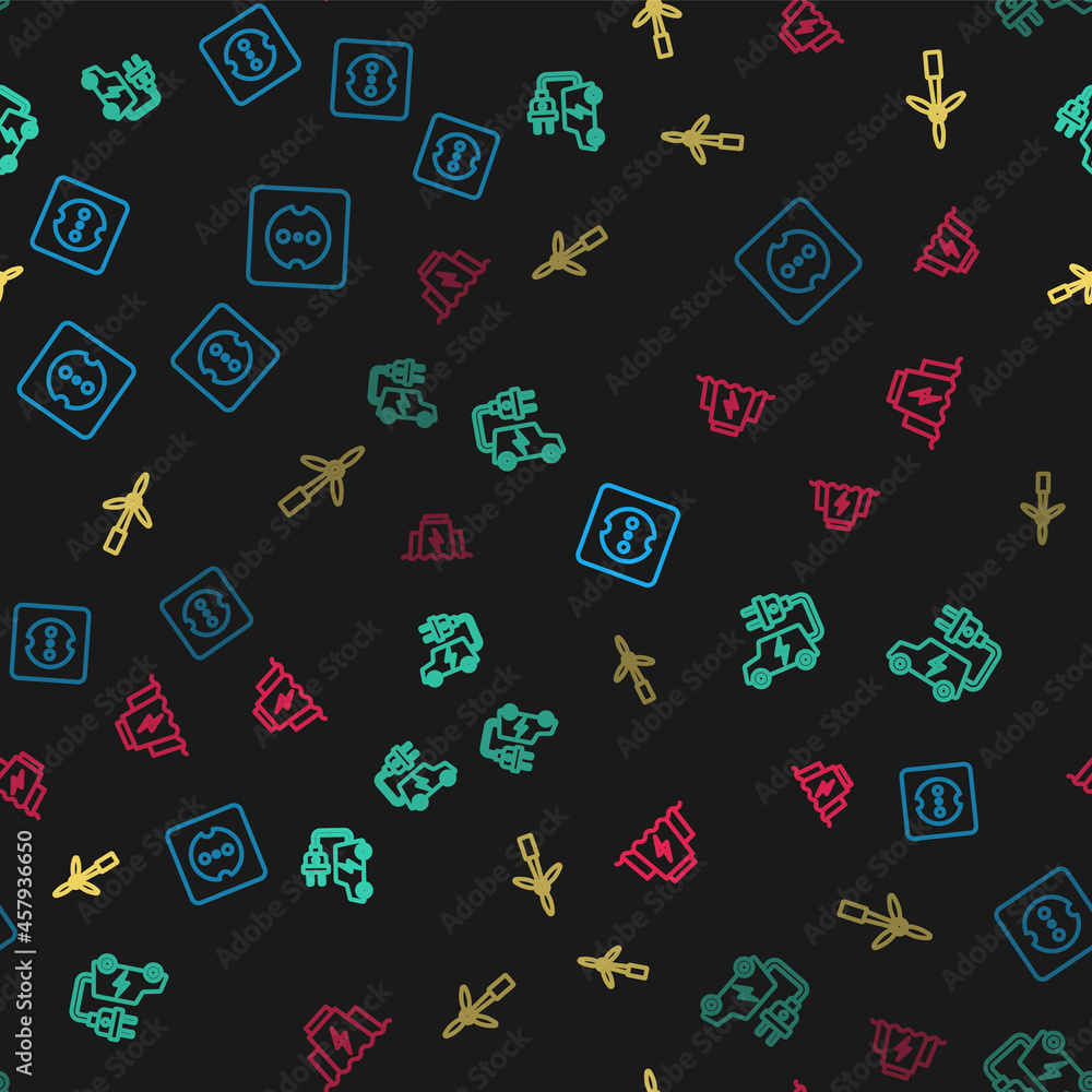 Set line Electrical outlet, car, Wind turbine and Hydroelectric dam on seamless pattern. Vector Set line Electrical outlet, car, Wind turbine and Hydroelectric dam on seamless pattern. Vector