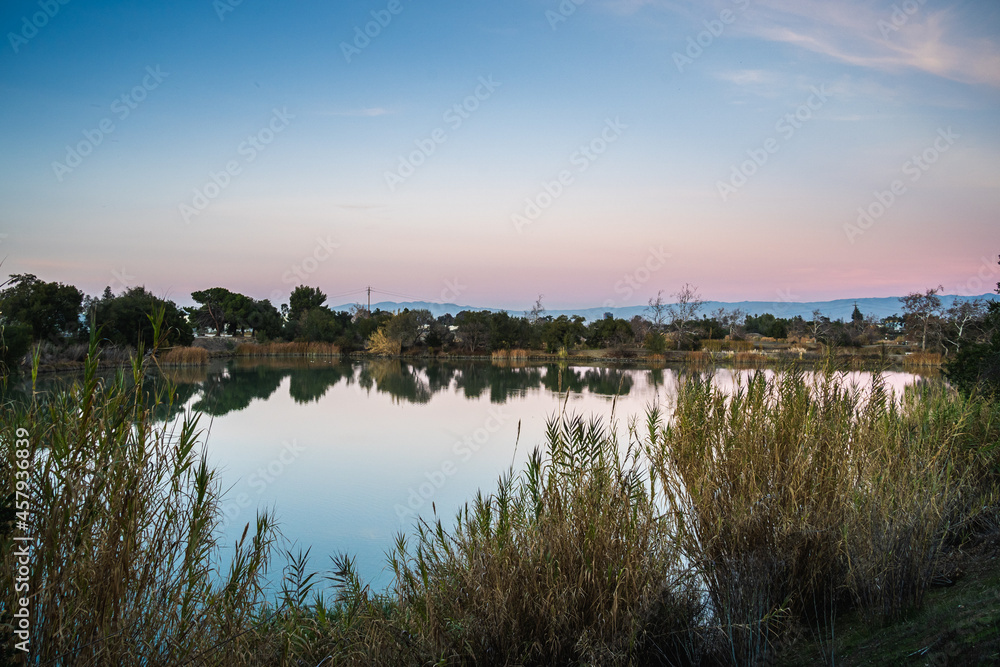 Los Gatos Creek Trail Dusk View with Water and Reflection, Los Gatos, California