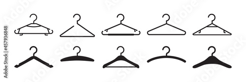 Hanger clothes vector icon, hook for wardrobe, black silhouettes different shapes isolated on white background. Fashion illustration