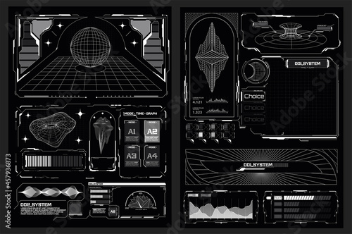 Abstract digital technology UI, UX Futuristic HUD, FUI, Virtual Interface. Callouts titles and frame in Sci- Fi style. Bar labels, info call box bars. Futuristic info boxes layout templates. 3D vector