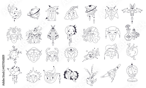 Collection of Mystical and Astrology objects. Mystical signs, silhouettes, zodiac signs. Astrological and magical elements are isolated on a white background. Astronomy. Line art illustrations