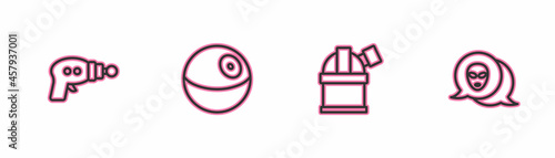Set line Ray gun, Astronomical observatory, Planet and Alien icon. Vector