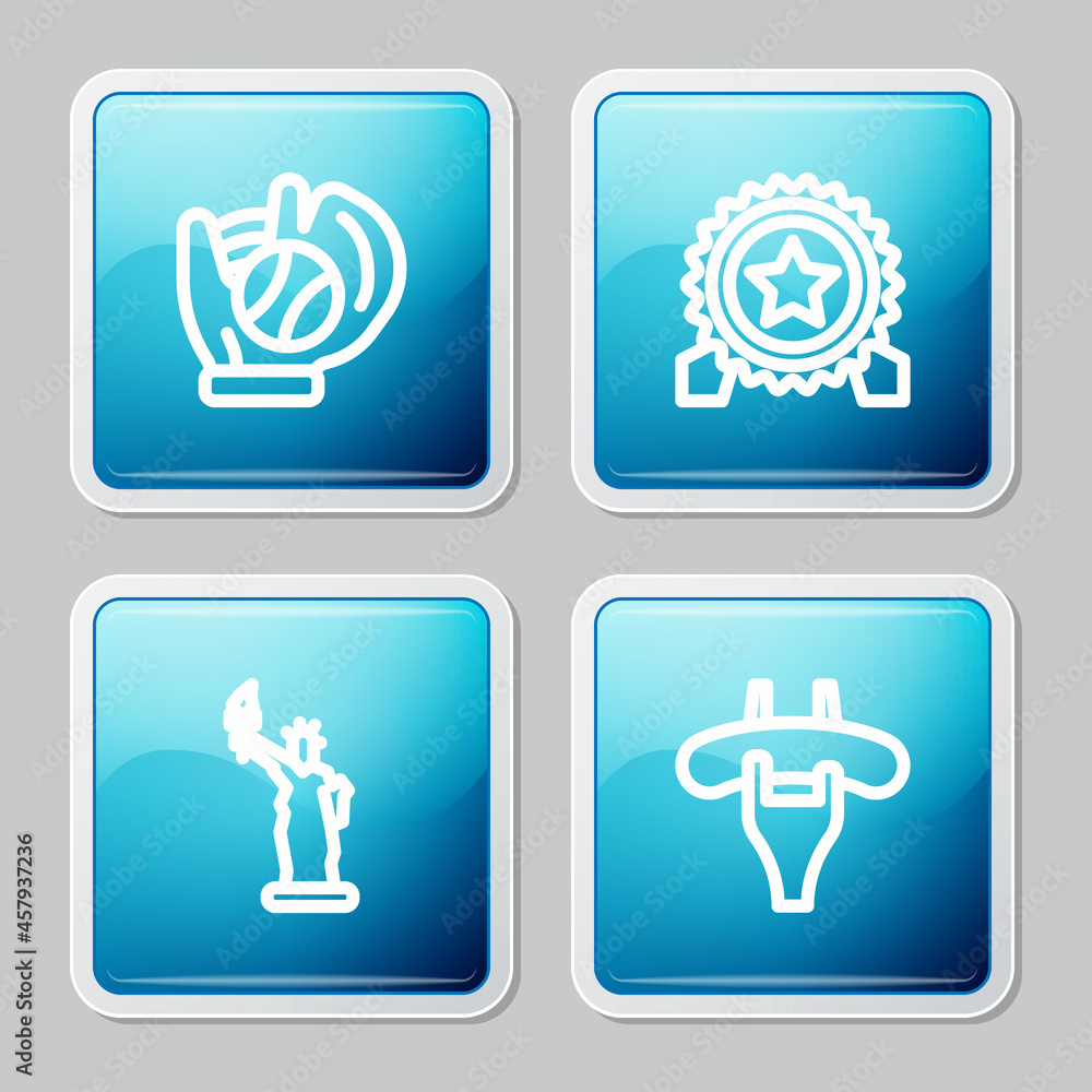 Set line Baseball glove with ball, Medal star, Statue of Liberty and Sausage on the fork icon. Vector Set line Baseball glove with ball, Medal star, Statue of Liberty and Sausage on the fork icon. Vector