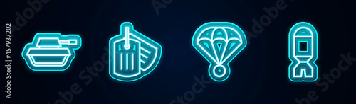 Set line Military tank, dog tag, Parachute and Rocket launcher. Glowing neon icon. Vector