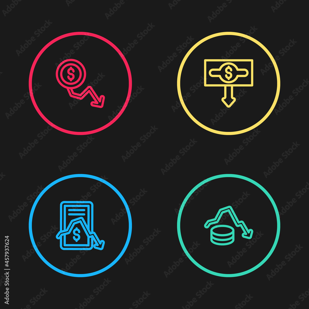 Set line Mobile stock trading, Dollar rate decrease, and icon. Vector Set line Mobile stock trading, Dollar rate decrease, and icon. Vector