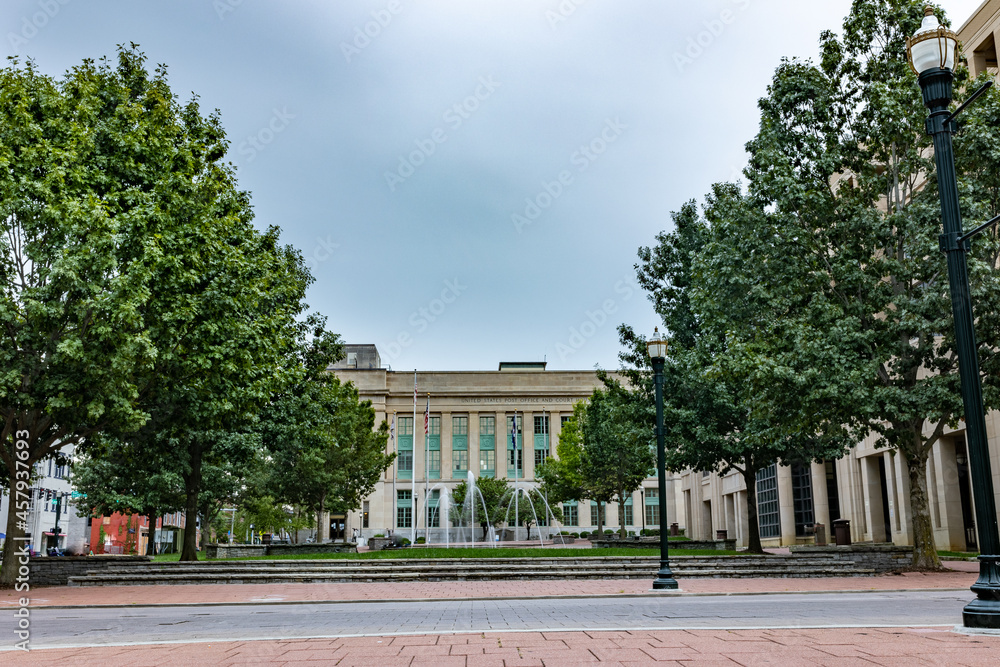 Lawn, fountain road and sidewalk in front of United States Post office and Court House in Downtown Lexington, KY