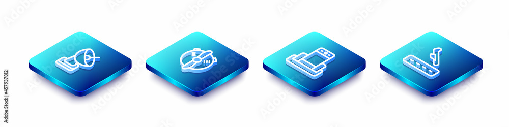 Set Isometric line Radar, Plane propeller, Metal detector in airport and landing icon. Vector Set Isometric line Radar, Plane propeller, Metal detector in airport and landing icon. Vector