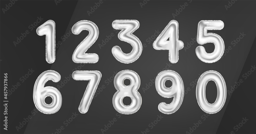 3D silver balloons numbers 0 to 9 in realistic style with glare and reflections. Realistic shiny decoration elements for Party, birthday, celebrate anniversary and wedding. Vector numbers balloons set 3D silver balloons numbers 0 to 9 in realistic style with glare and reflections. Realistic shiny decoration elements for Party, birthday, celebrate anniversary and wedding. Vector numbers balloons set
