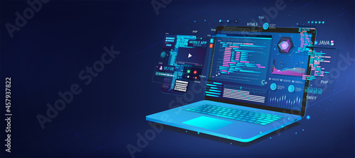Web blue banner Software, UI and development for different devices. Laptop and smartphone with coding app. Business App Dashboard with analytics data, testing platform, coding process. Vector Software
