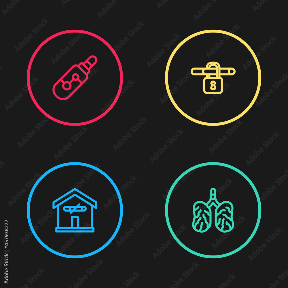 Set line No smoking at home, Disease lungs, and Electronic cigarette icon. Vector