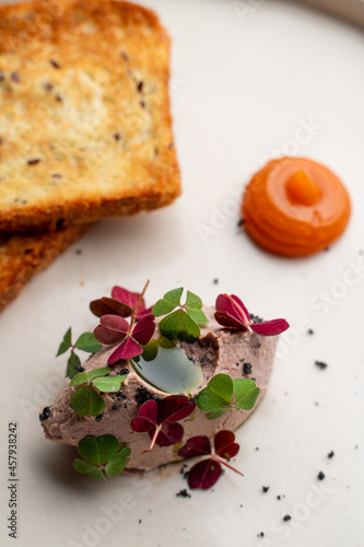 Goose pate with fresh colorful sprouts, served with golden crispy slices of bread, close up