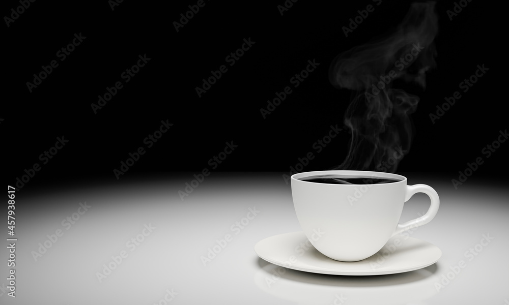 Black coffee or espresso in a white coffee mug with a saucer. There is smoke or steam rising. hot coffee on white table as it reflects and black background. 3D rendering Black coffee or espresso in a white coffee mug with a saucer. There is smoke or steam rising. hot coffee on white table as it reflects and black background. 3D rendering