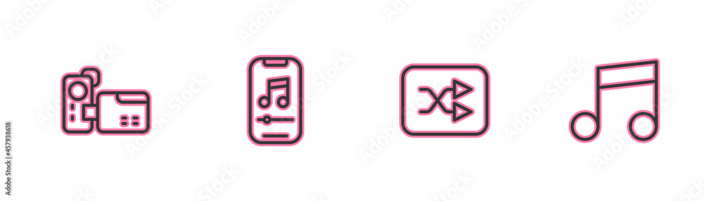 Set line Cinema camera, Arrow shuffle, Music player and note, tone icon. Vector Set line Cinema camera, Arrow shuffle, Music player and note, tone icon. Vector