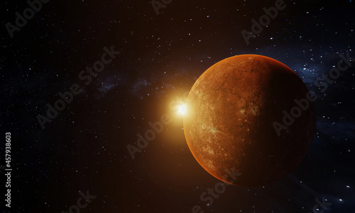 A red-orange planet, similar to mercury, in space with cosmic mist. galaxy. A planet obscuring the sun is called a ring solar eclipse. 3D Rendering
