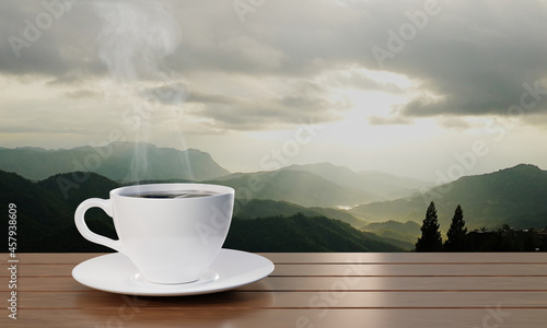 Black coffee In a white coffee mug there is smoke or white steam rising up. Hot espresso on a wooden table for breakfast The background is a mountain scenery. The morning sun is rising. 3D rendering